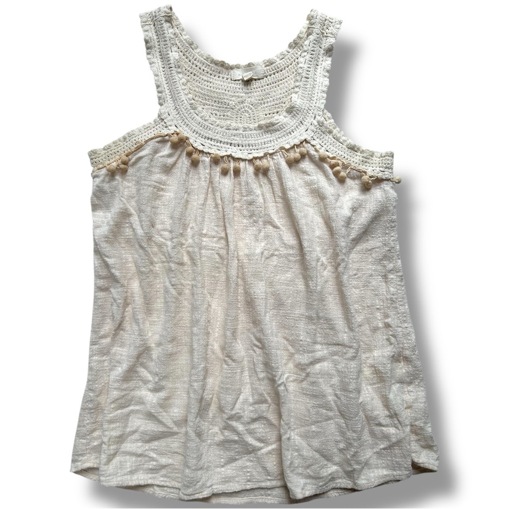 Adiva Boho Ruffled Crochet Racerback Cotton Tank Top w/ Pom Pom Fringe size S